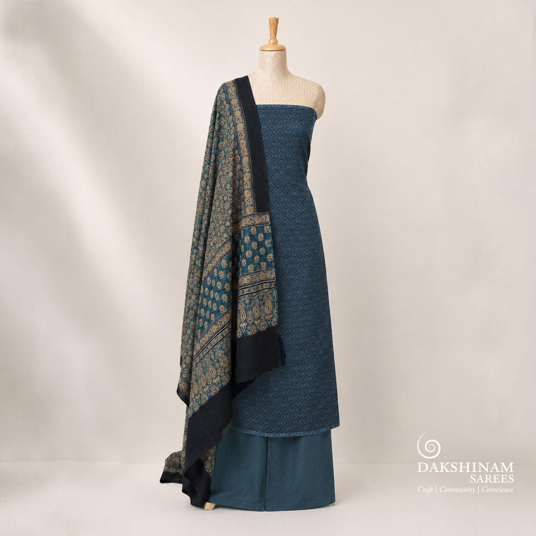 Blue Chanderi silk cotton 3-piece suit set with self design top and Ajrakh printed dupatta