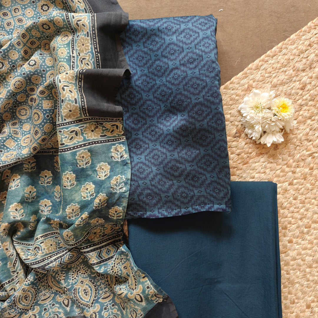 Blue Chanderi silk cotton 3-piece suit set with self design top and Ajrakh printed dupatta