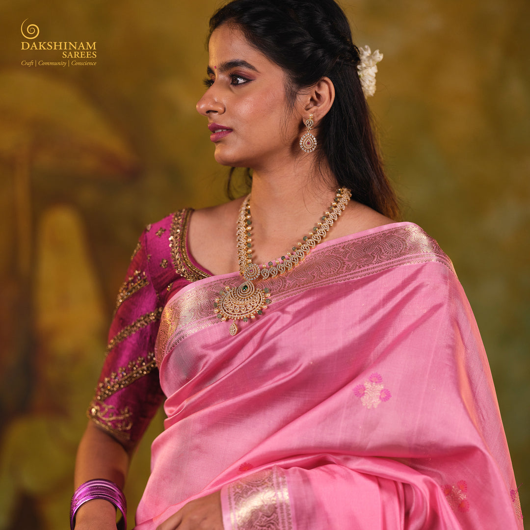 Handwoven Pink Kanjivaram Kora Silk Saree - 2900T013293DSC