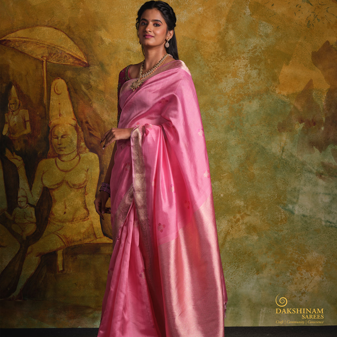 Handwoven Pink Kanjivaram Kora Silk Saree - 2900T013293DSC