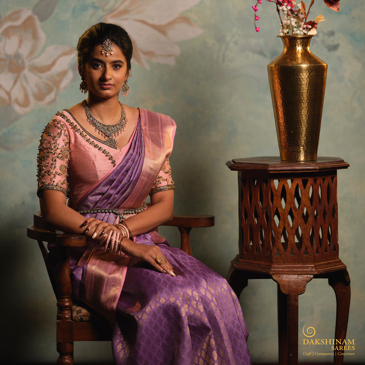 Handwoven Lavendar with Pink Kanjivaram Silk Saree - 2905T013357DSC