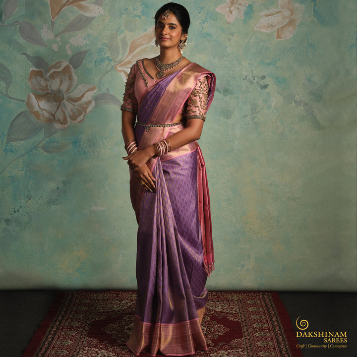 Handwoven Lavendar with Pink Kanjivaram Silk Saree - 2905T013357DSC