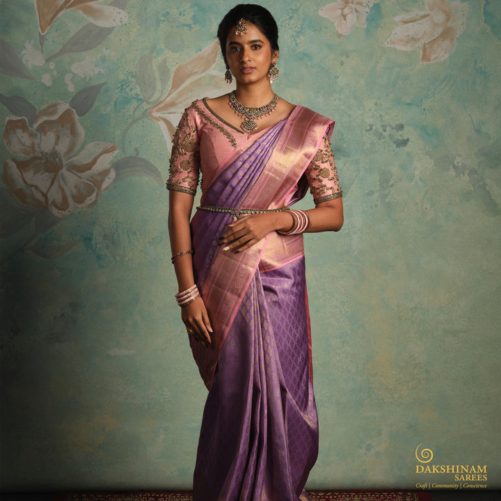 Handwoven Lavendar with Pink Kanjivaram Silk Saree - 2905T013357DSC