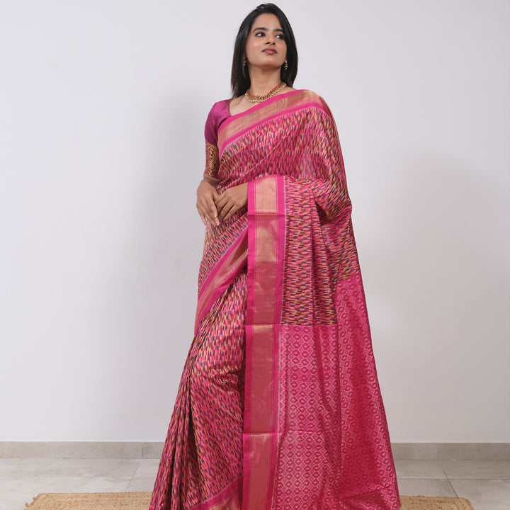 Handwoven Multicolor with Pink Ikat silk Saree- 3055T013413DSC