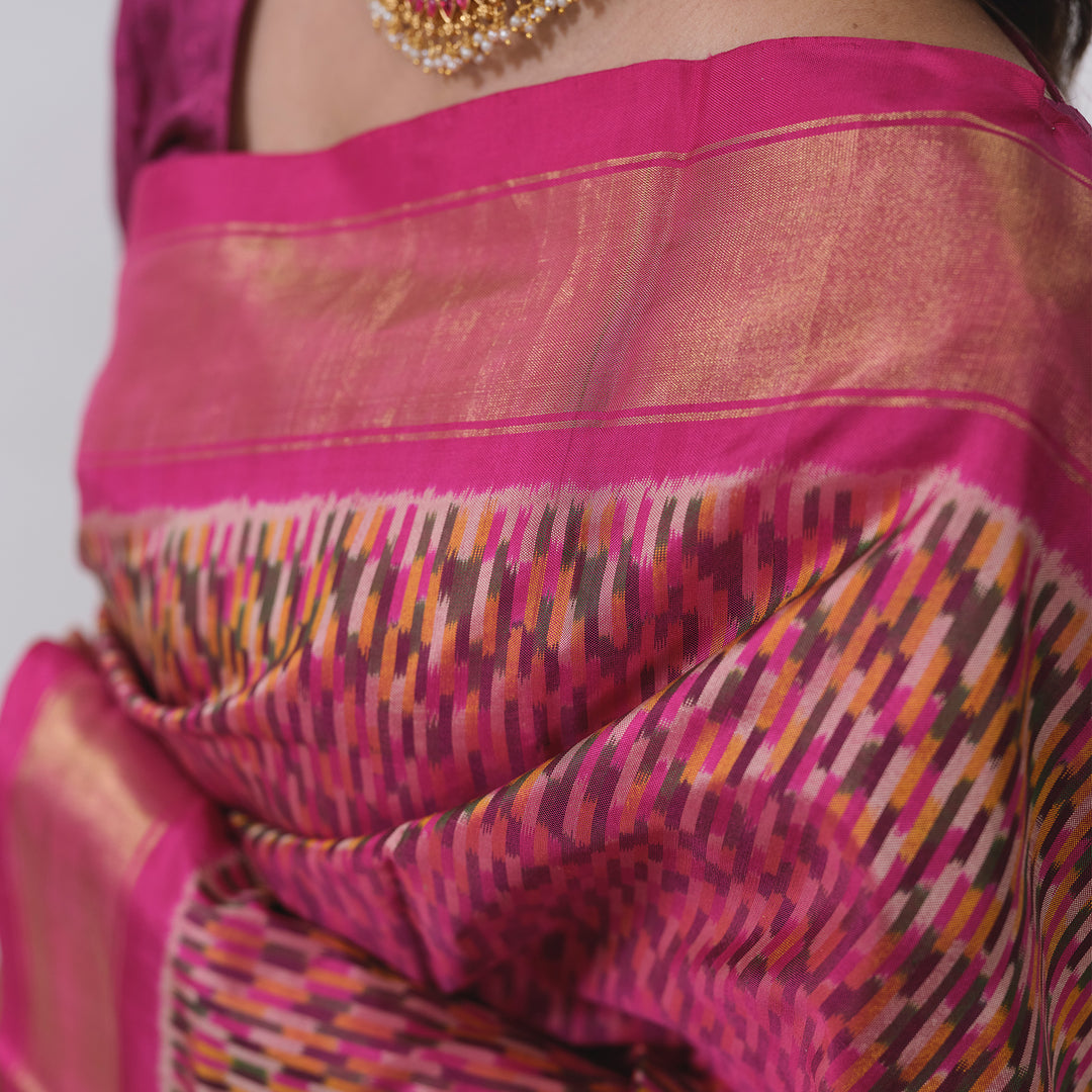 Handwoven Multicolor with Pink Ikat silk Saree- 3055T013413DSC