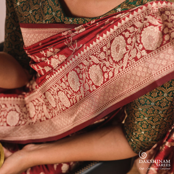 Handwoven Maroon Banarasi Katan silk Saree- 3246T015422DSC