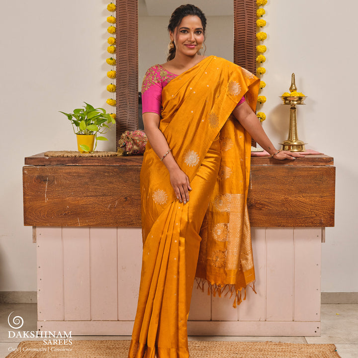 Handwoven Yellow Banarasi satin silk Saree- 3246T015718DSC