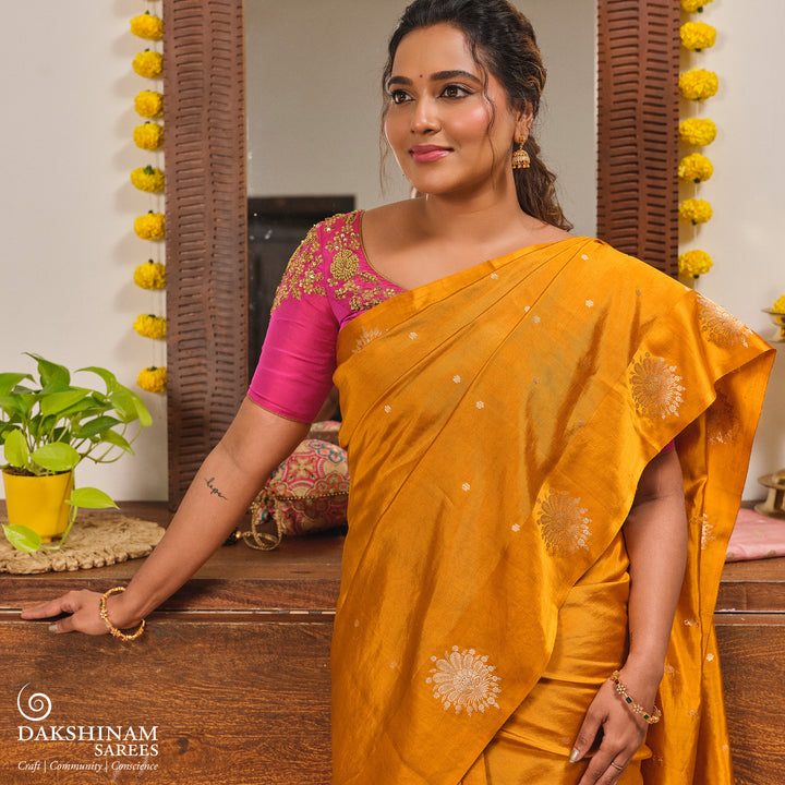 Handwoven Yellow Banarasi satin silk Saree- 3246T015718DSC