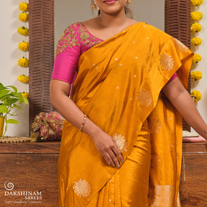 Handwoven Yellow Banarasi satin silk Saree- 3246T015718DSC