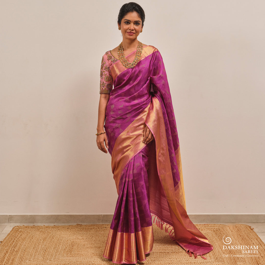 Pleats/body of Handwoven Magenta with Light Pink Korvai Kanjivaram silk Saree
