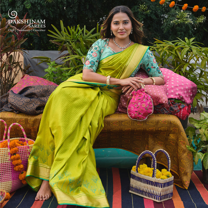 Handwoven Green Monotone Kanjivaram silk Saree- 3244T015810DSC