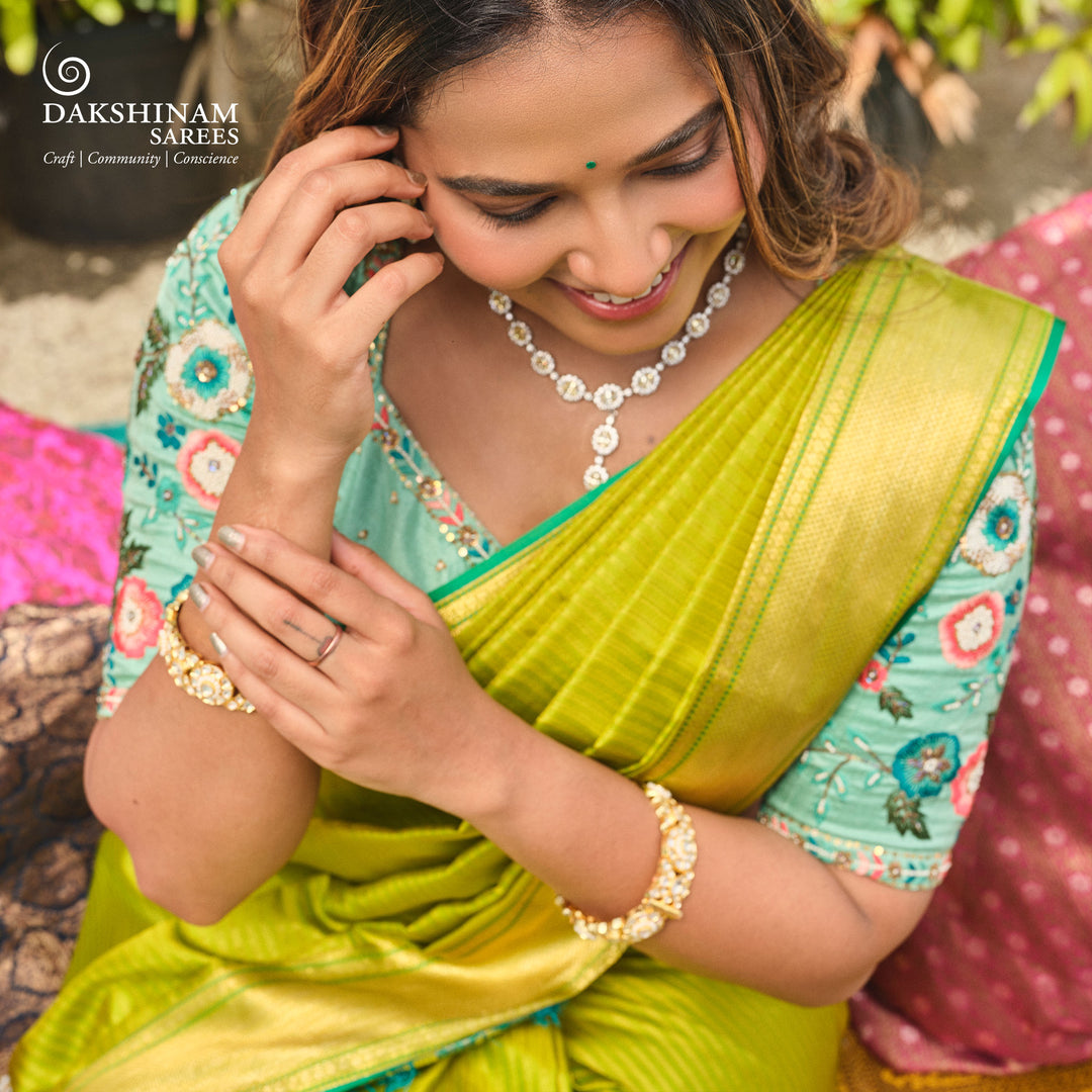 Handwoven Green Monotone Kanjivaram silk Saree- 3244T015810DSC