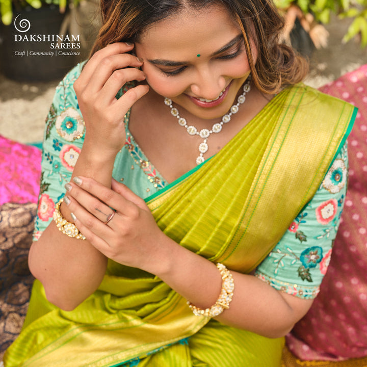 Handwoven Green Monotone Kanjivaram silk Saree- 3244T015810DSC