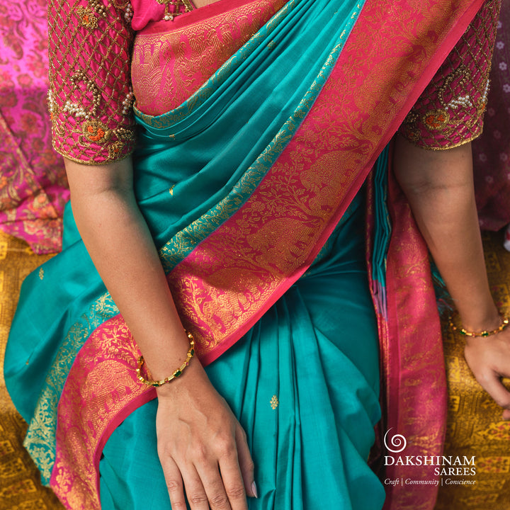 Handwoven Blue with Pink Korvai Kanjivaram silk Saree- 3244T015818DSC