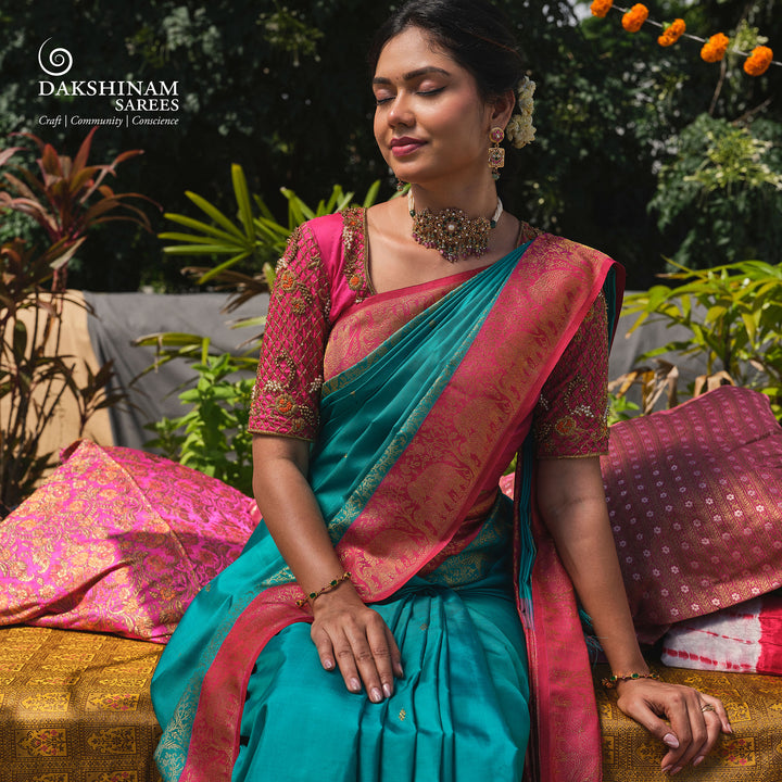 Handwoven Blue with Pink Korvai Kanjivaram silk Saree- 3244T015818DSC