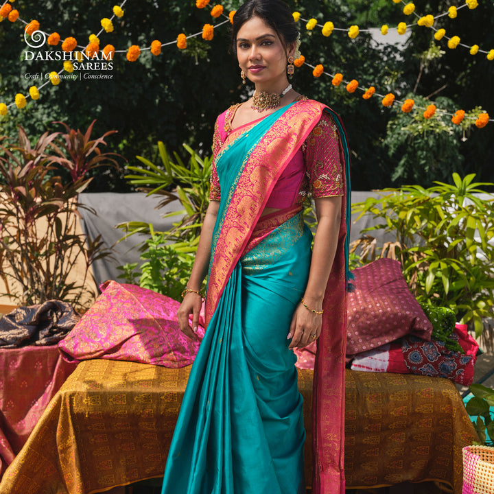 Handwoven Blue with Pink Korvai Kanjivaram silk Saree- 3244T015818DSC