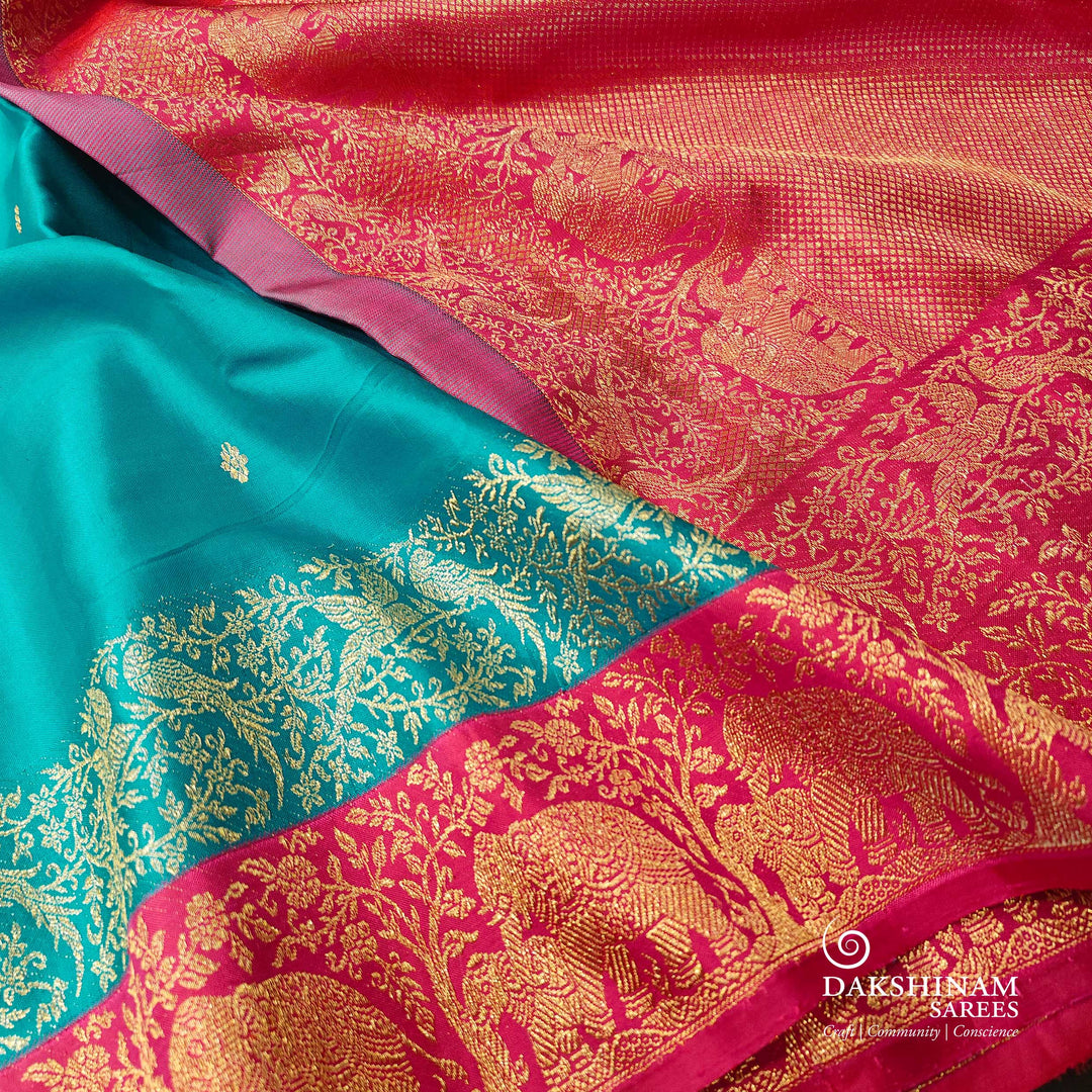 Handwoven Blue with Pink Korvai Kanjivaram silk Saree- 3244T015818DSC