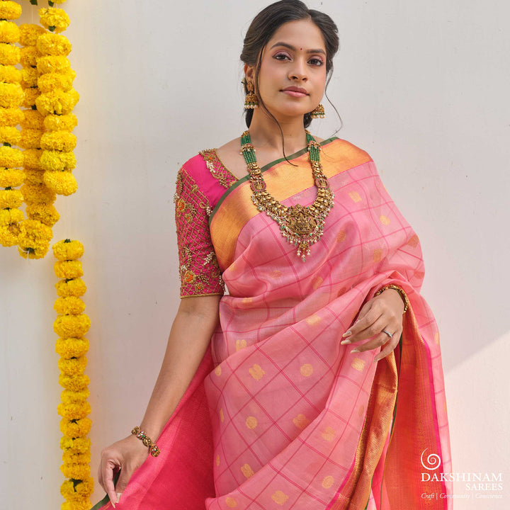 Light Pink Kora Kanjivaram Silk Saree with Dark Pink Korvai Border 3321T015824DSC