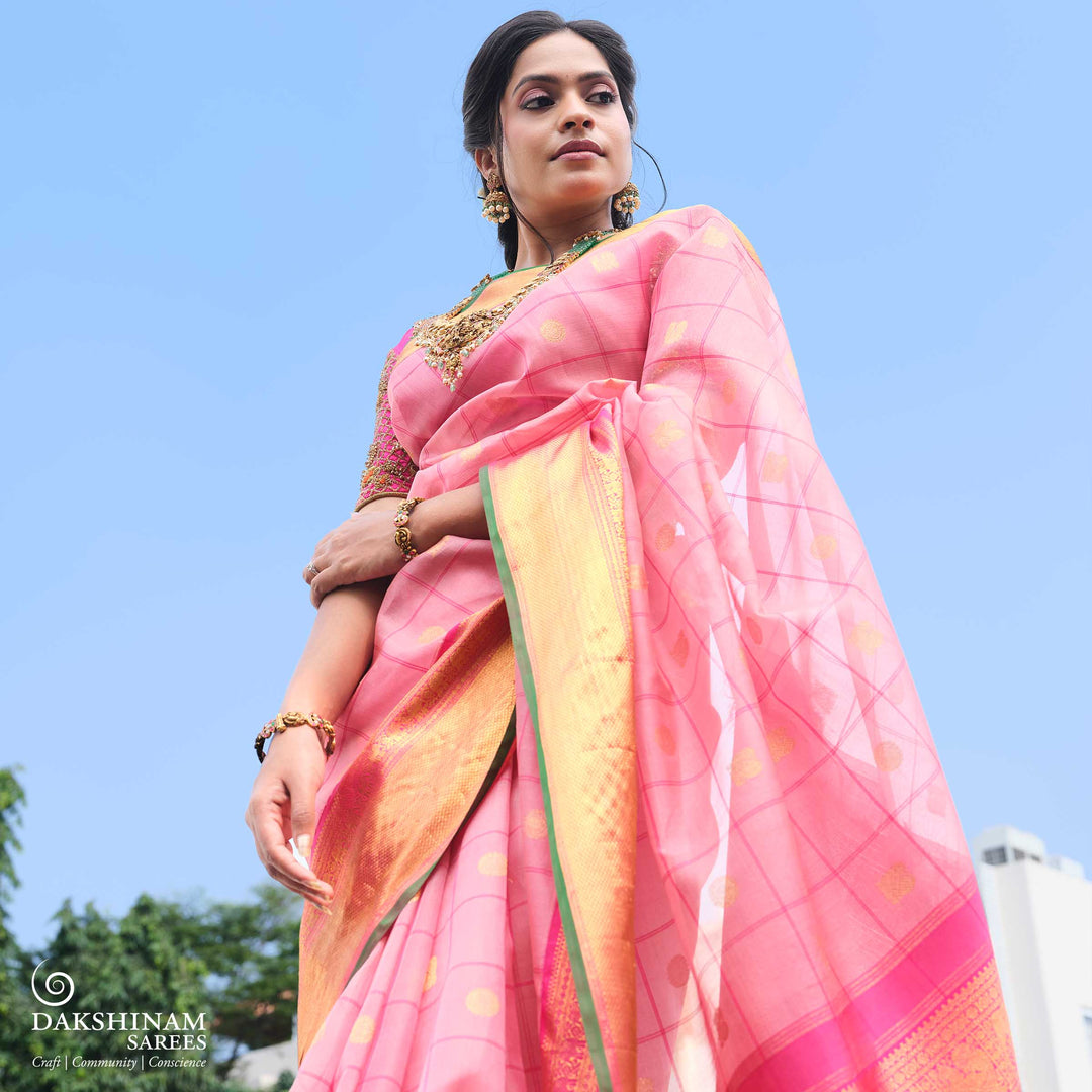Light Pink Kora Kanjivaram Silk Saree with Dark Pink Korvai Border 3321T015824DSC