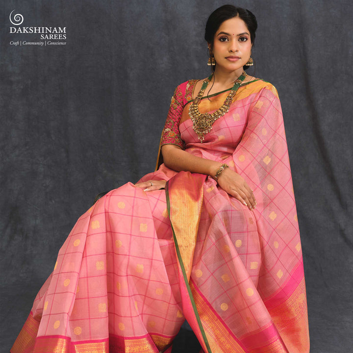 Light Pink Kora Kanjivaram Silk Saree with Dark Pink Korvai Border 3321T015824DSC