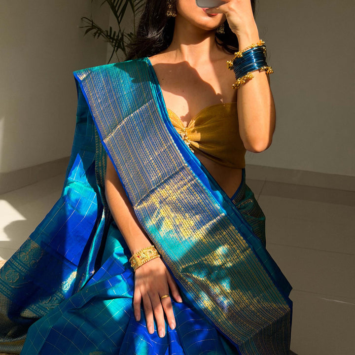 Peacock Blue Kanjivaram Silk Saree with Checks & Zari