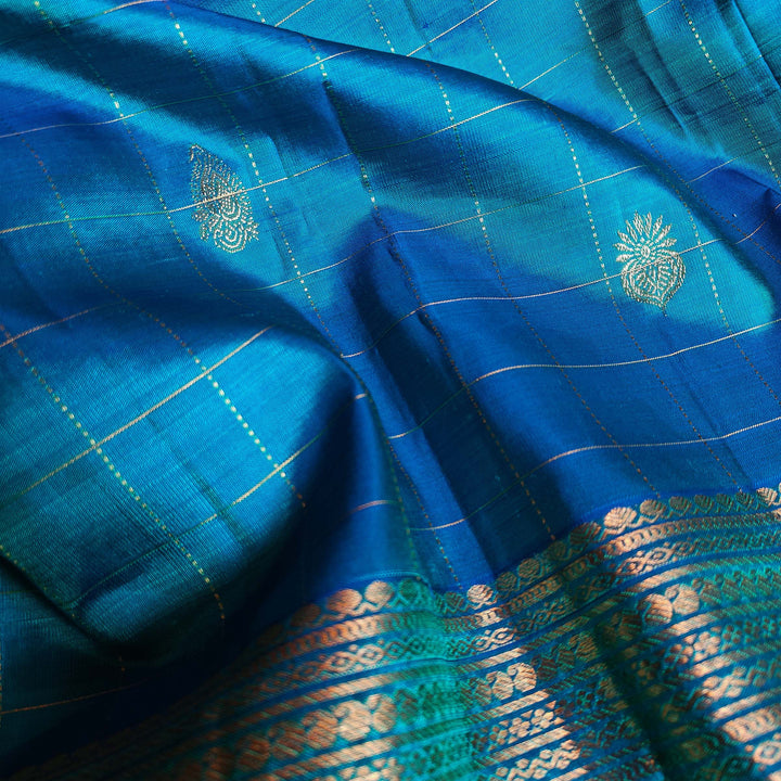 Peacock Blue Kanjivaram Silk Saree with Checks & Zari