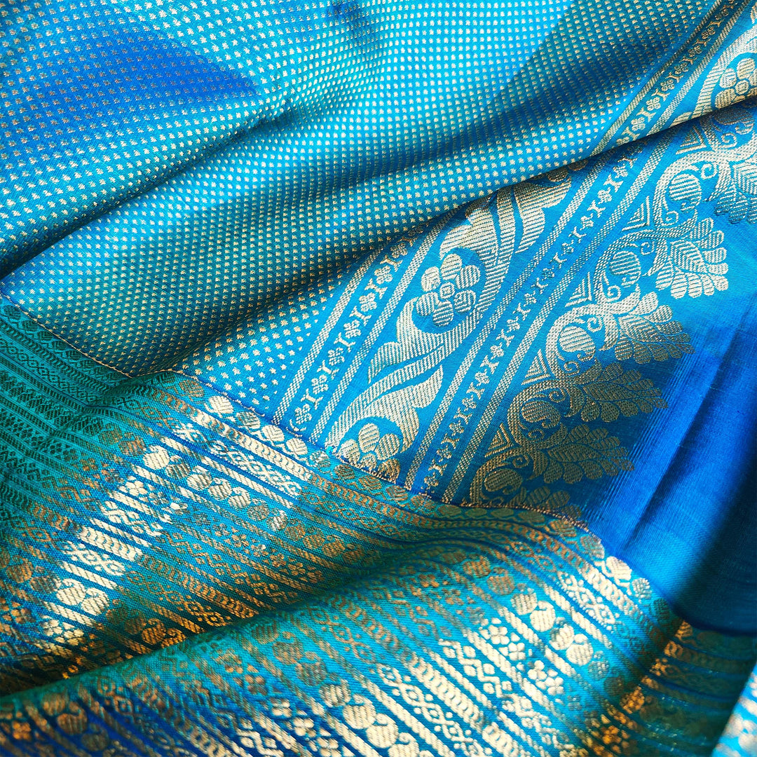 Peacock Blue Kanjivaram Silk Saree with Checks & Zari