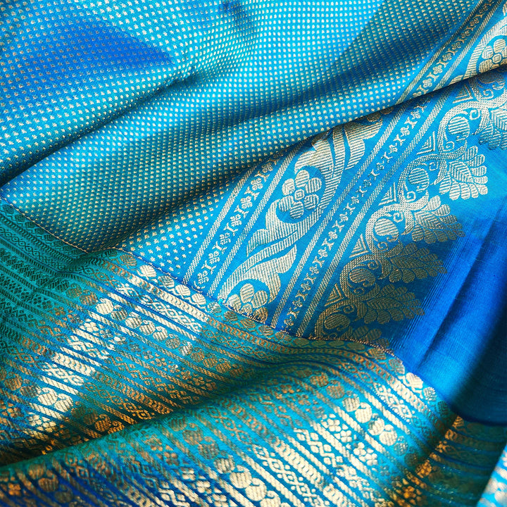 Peacock Blue Kanjivaram Silk Saree with Checks & Zari