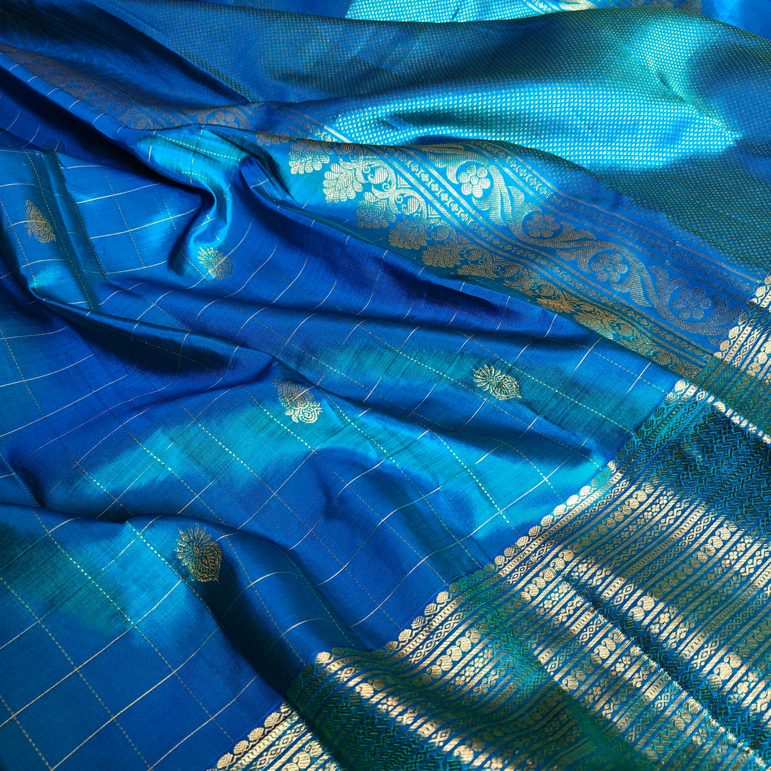 Peacock Blue Kanjivaram Silk Saree with Checks & Zari