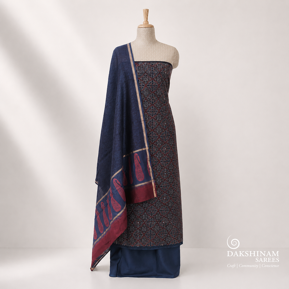 Blue Ajrakh printed cotton 3-piece suit set with star motifs, plain blue bottom and Chanderi floral dupatta