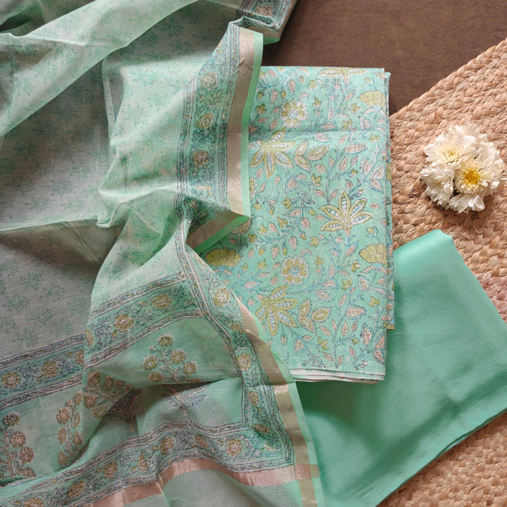 Aqua green Chanderi silk cotton 3-piece suit set with floral print, plain bottom and matching Chanderi dupatta