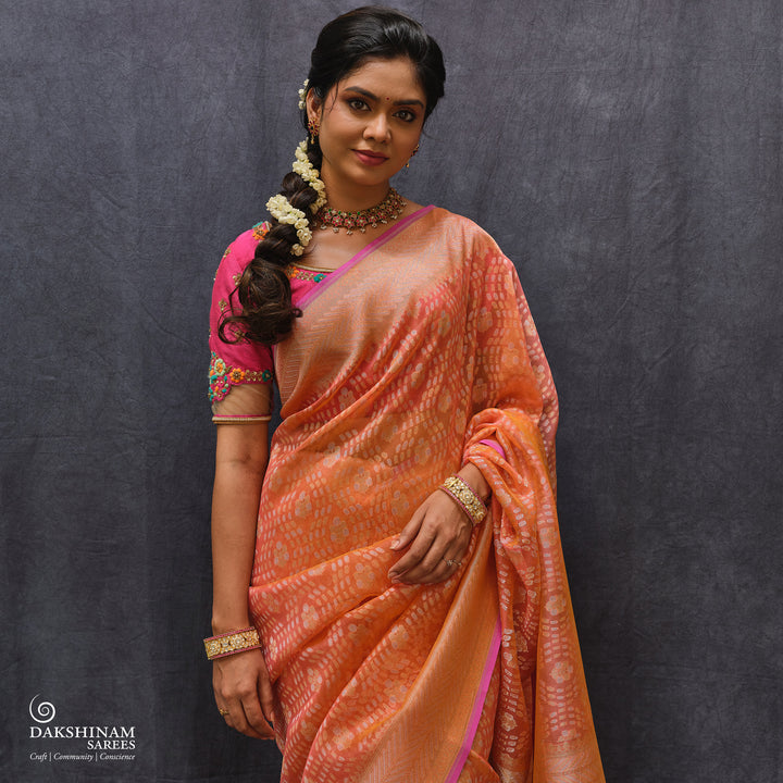 Peach Kora Silk Saree with Zari and Chevron Border 3323T016249DSC
