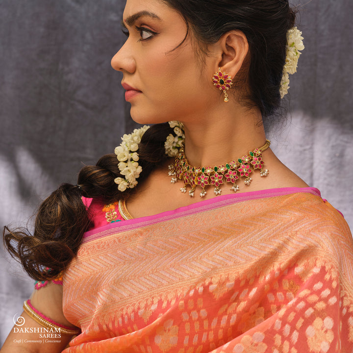 Peach Kora Silk Saree with Zari and Chevron Border 3323T016249DSC