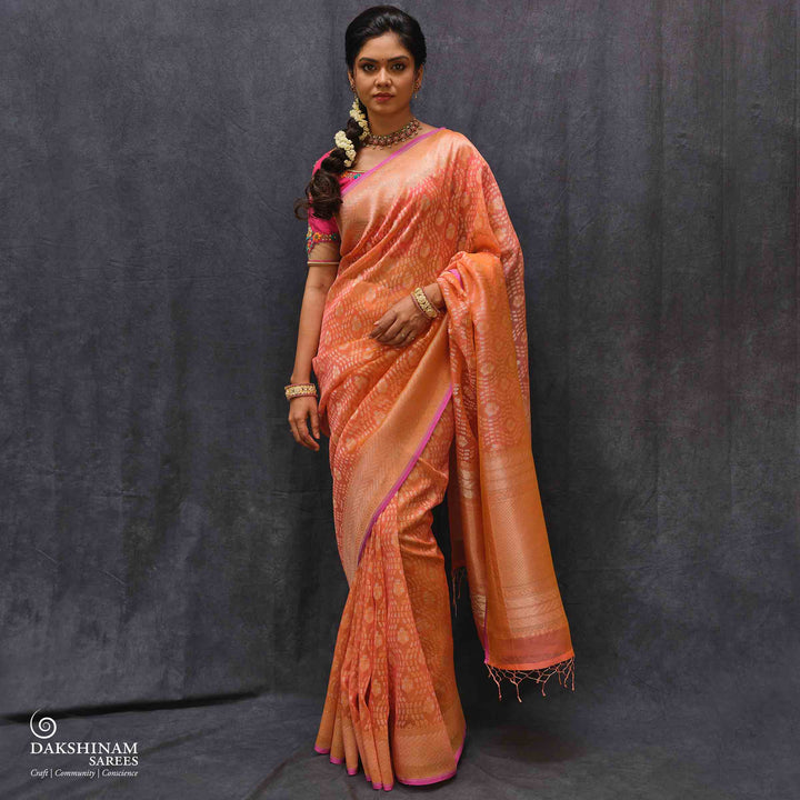 Peach Kora Silk Saree with Zari and Chevron Border 3323T016249DSC
