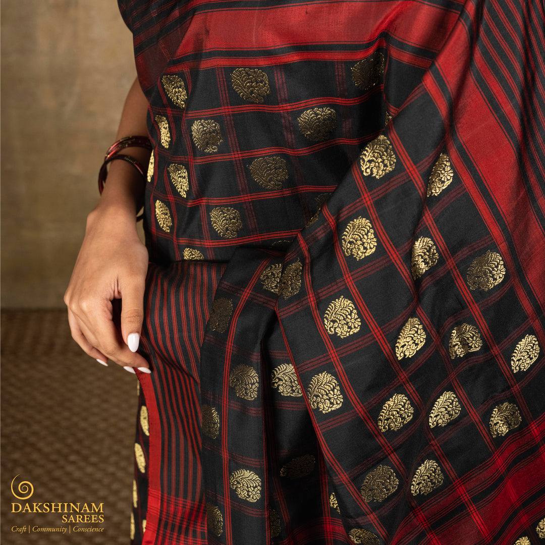 Black Pochampally Ikat Silk Saree with Kadiyal Butta 3407T016362DSC