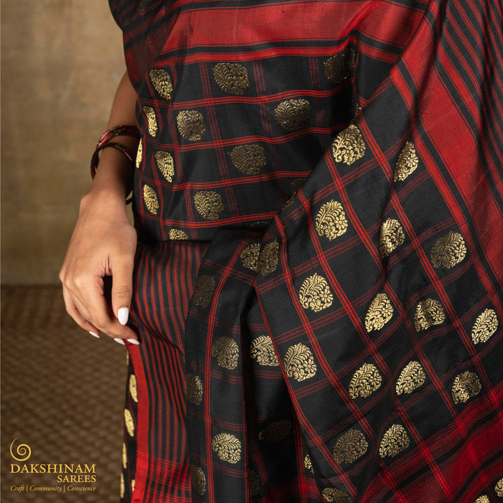 Black Pochampally Ikat Silk Saree with Kadiyal Butta 3407T016362DSC