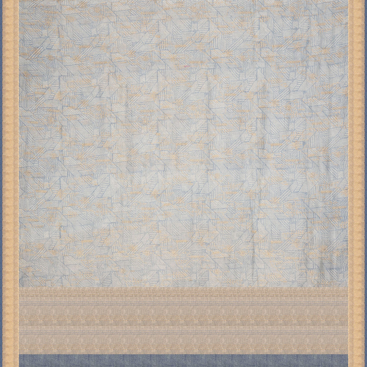 Ice blue Chanderi silk cotton saree with gold zari geometric patterns and embroidered lace border