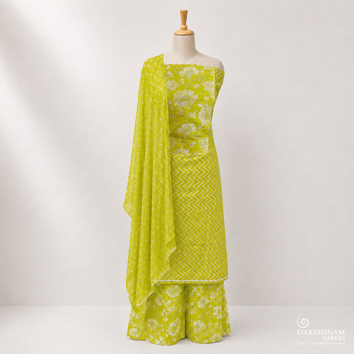 Lime Green Three-Piece Suit Set with Floral Embroidery and Bandhani Dupatta 62N046046DSC
