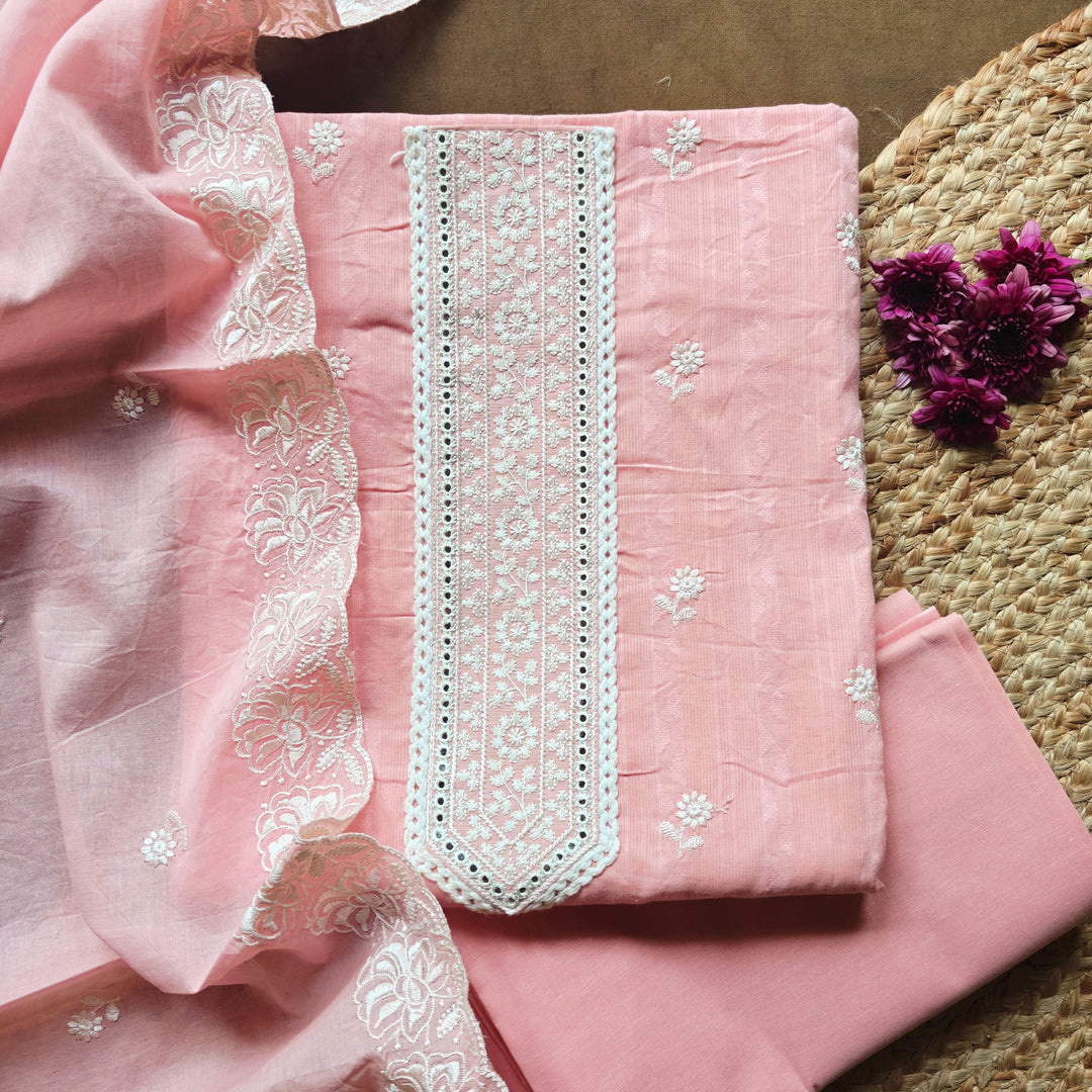 Peach cotton 3-piece suit set with floral embroidery and lace detailed dupatta