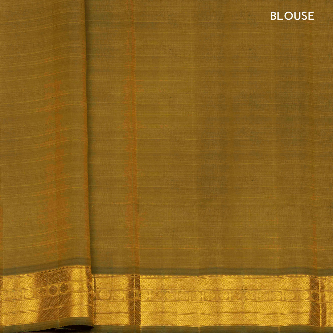 Mango yellow handwoven Kanjivaram silk saree with dark green border, gold zari and temple motifs