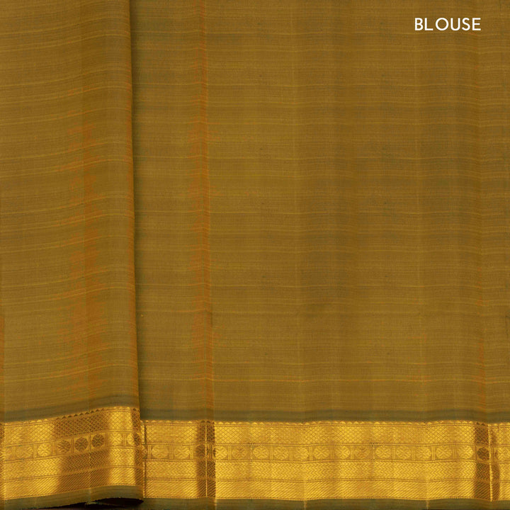 Mango yellow handwoven Kanjivaram silk saree with dark green border, gold zari and temple motifs