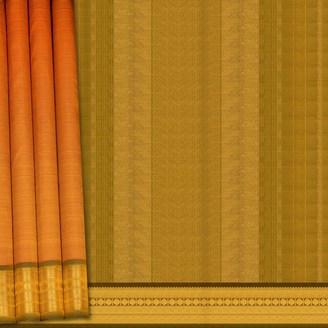 Mango yellow handwoven Kanjivaram silk saree with dark green border, gold zari and temple motifs
