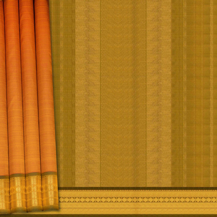 Mango yellow handwoven Kanjivaram silk saree with dark green border, gold zari and temple motifs