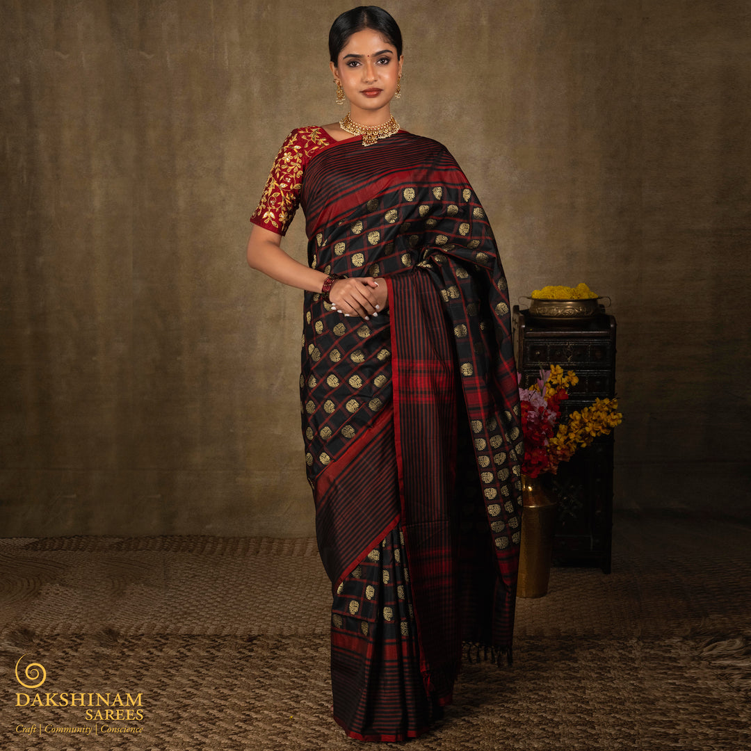 Black Pochampally Ikat Silk Saree with Kadiyal Butta 3407T016362DSC