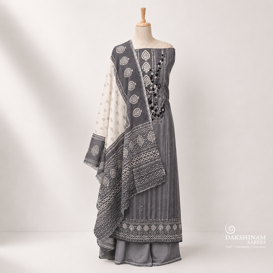 Grey cotton 3-piece suit set with embroidered neckline and matching dupatta