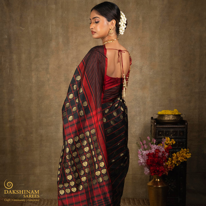 Black Pochampally Ikat Silk Saree with Kadiyal Butta 3407T016362DSC