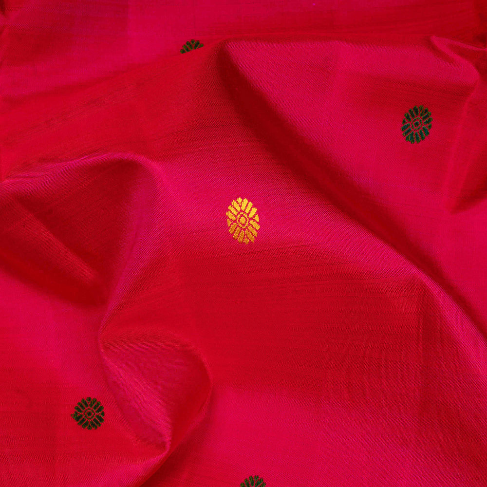 Pink handwoven Kanjivaram silk saree with parrot motifs, temple border and monotone pallu