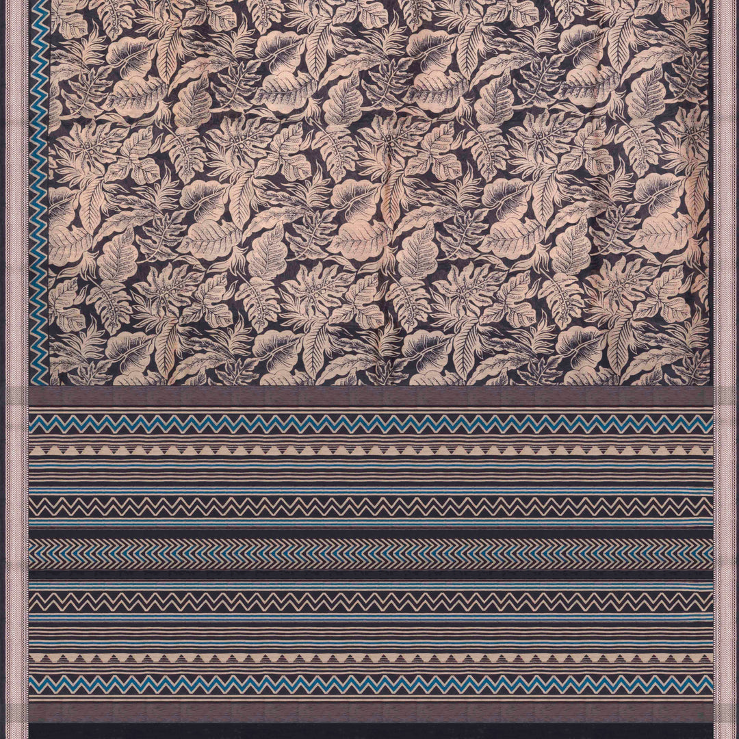 Dark blue Chanderi silk cotton saree with white leaf print, silver zari border and striped pallu