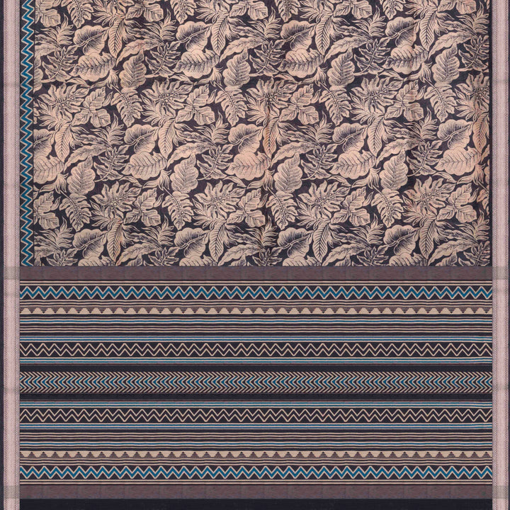 Dark blue Chanderi silk cotton saree with white leaf print, silver zari border and striped pallu