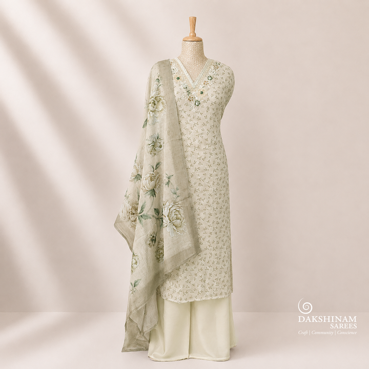 Beige Linen Floral Embroidered 3 Piece Suit Set with Digital Print Dupatta 41T016537DSC